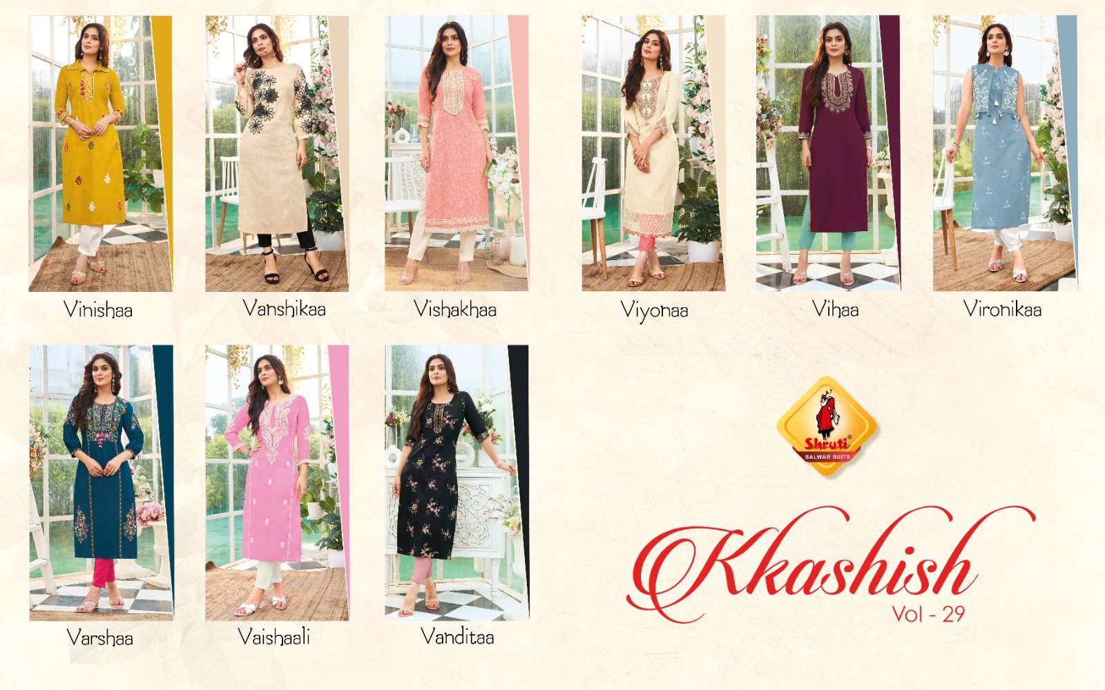 KKASHISH VOL 29 PURE COTTON LINEN WITH DIFFERENT TYPES OF STYLISH EMBROIDERY WORK KURTI BY SHRUTI SUITS BRAND INDEX